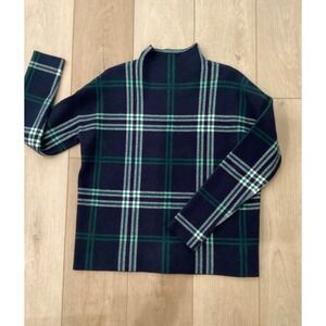 Nicole Miller Mock Turtle Neck Sweater Navy Blue Green Plaid  Size Medium